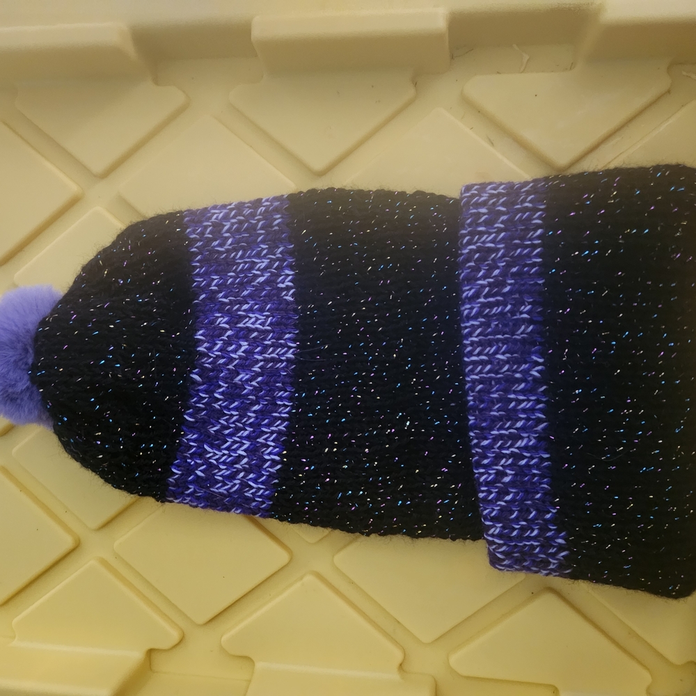 New! Hand Knitted Black and Purple Knit Beanie